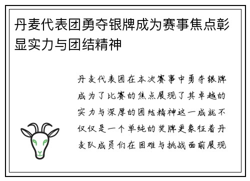 丹麦代表团勇夺银牌成为赛事焦点彰显实力与团结精神