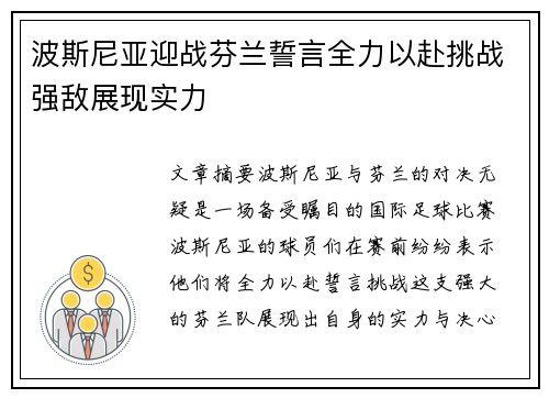 波斯尼亚迎战芬兰誓言全力以赴挑战强敌展现实力