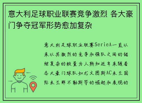 意大利足球职业联赛竞争激烈 各大豪门争夺冠军形势愈加复杂