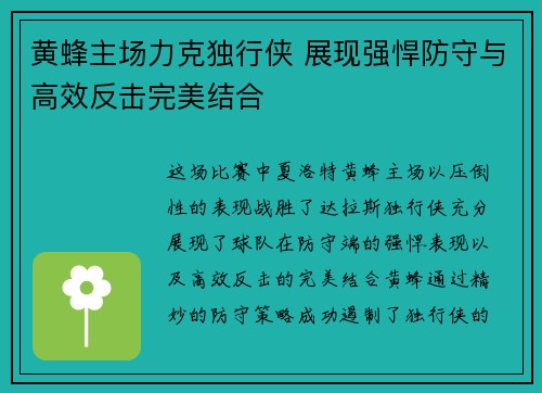 黄蜂主场力克独行侠 展现强悍防守与高效反击完美结合