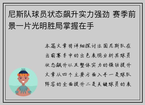 尼斯队球员状态飙升实力强劲 赛季前景一片光明胜局掌握在手