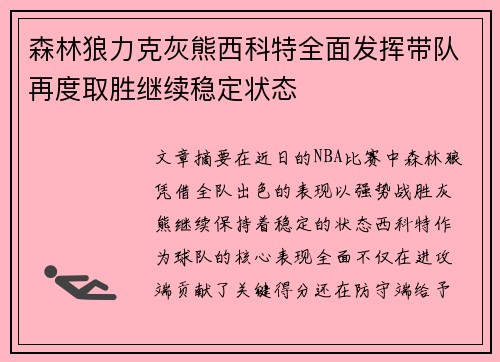 森林狼力克灰熊西科特全面发挥带队再度取胜继续稳定状态