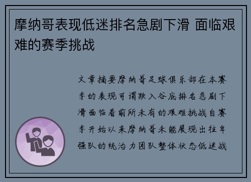 摩纳哥表现低迷排名急剧下滑 面临艰难的赛季挑战