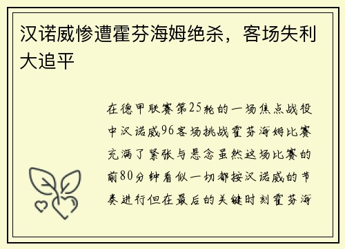 汉诺威惨遭霍芬海姆绝杀，客场失利大追平