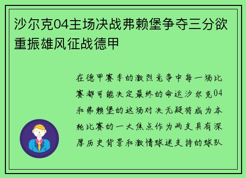 沙尔克04主场决战弗赖堡争夺三分欲重振雄风征战德甲